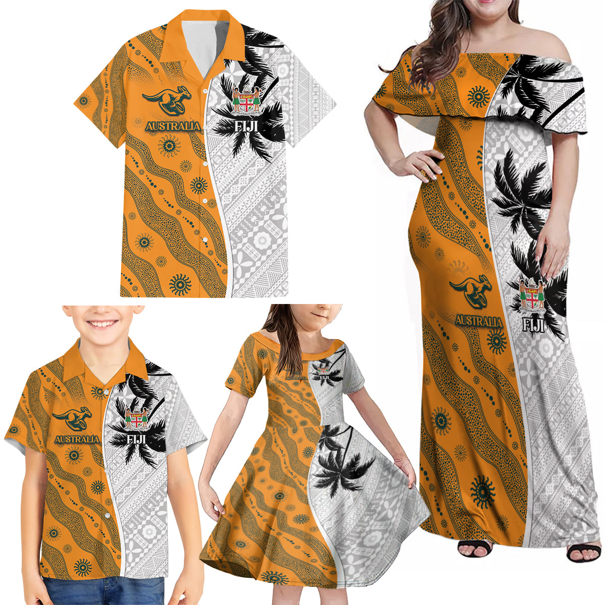Custom Fiji and Australia Rugby Family Matching Off Shoulder Maxi Dress and Hawaiian Shirt Tapa Mix Aboriginal Pattern Half Style