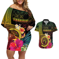 Vanuatu Independence Day Couples Matching Off Shoulder Short Dress and Hawaiian Shirt Sand Drawing Melanesian Vibes