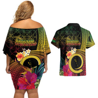 Vanuatu Independence Day Couples Matching Off Shoulder Short Dress and Hawaiian Shirt Sand Drawing Melanesian Vibes