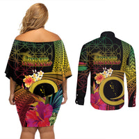 Vanuatu Independence Day Couples Matching Off Shoulder Short Dress and Long Sleeve Button Shirt Sand Drawing Melanesian Vibes