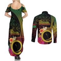 Vanuatu Independence Day Couples Matching Summer Maxi Dress and Long Sleeve Button Shirt Sand Drawing Melanesian Vibes