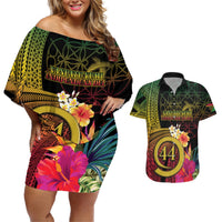 Vanuatu Selebretem 44th Indipendens Dei Couples Matching Off Shoulder Short Dress and Hawaiian Shirt Sand Drawing Melanesian Vibes