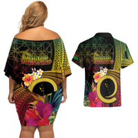 Vanuatu Selebretem 44th Indipendens Dei Couples Matching Off Shoulder Short Dress and Hawaiian Shirt Sand Drawing Melanesian Vibes