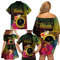 Vanuatu Selebretem 44th Indipendens Dei Family Matching Off Shoulder Short Dress and Hawaiian Shirt Sand Drawing Melanesian Vibes