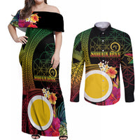 Vanuatu Shefa Day Couples Matching Off Shoulder Maxi Dress and Long Sleeve Button Shirt Sand Drawing Melanesian