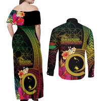 Vanuatu Shefa Day Couples Matching Off Shoulder Maxi Dress and Long Sleeve Button Shirt Sand Drawing Melanesian