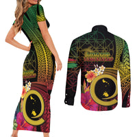 Vanuatu Shefa Day Couples Matching Short Sleeve Bodycon Dress and Long Sleeve Button Shirt Sand Drawing Melanesian