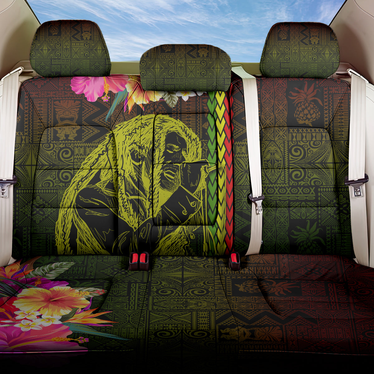 Hawaiian Reggae Music Back Car Seat Cover Jamaica Singer Tribal Polynesian and Hibiscus