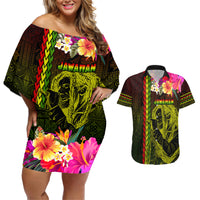 Hawaiian Reggae Music Couples Matching Off Shoulder Short Dress and Hawaiian Shirt Jamaica Singer Tribal Polynesian and Hibiscus
