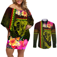 Hawaiian Reggae Music Couples Matching Off Shoulder Short Dress and Long Sleeve Button Shirt Jamaica Singer Tribal Polynesian and Hibiscus