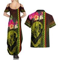 Hawaiian Reggae Music Couples Matching Summer Maxi Dress and Hawaiian Shirt Jamaica Singer Tribal Polynesian and Hibiscus
