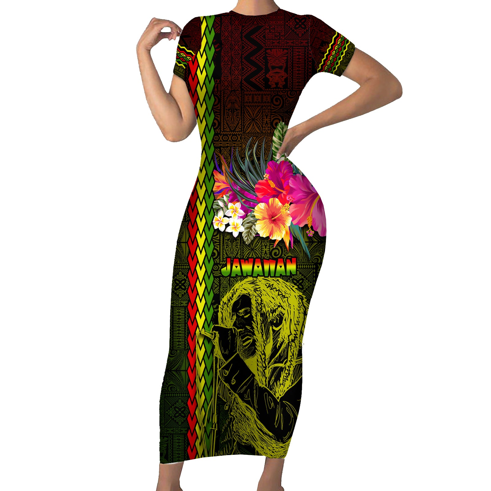 Hawaiian Reggae Music Short Sleeve Bodycon Dress Jamaica Singer Tribal Polynesian and Hibiscus