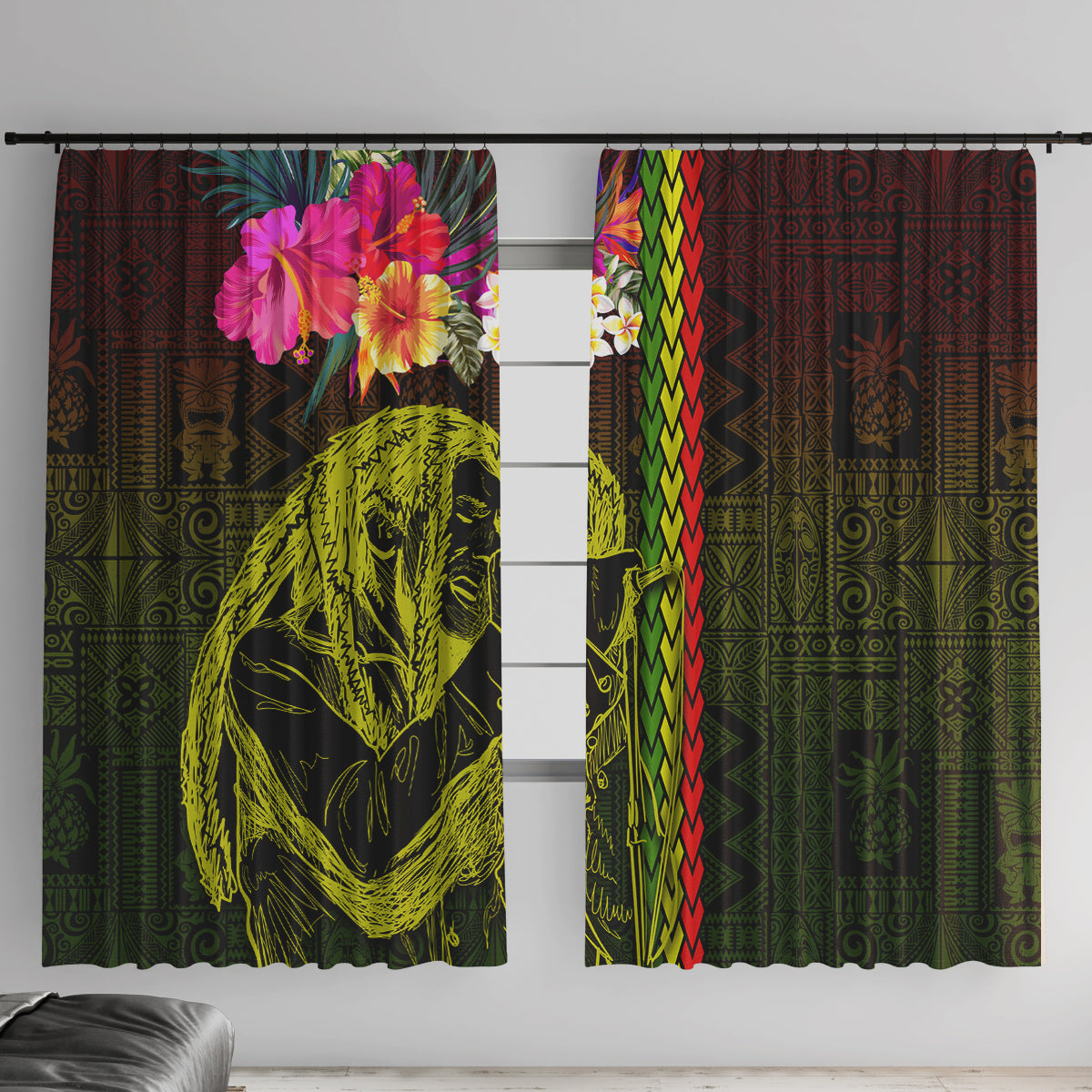 Hawaiian Reggae Music Window Curtain Jamaica Singer Tribal Polynesian and Hibiscus