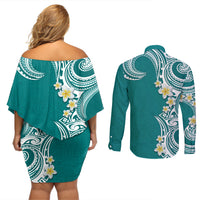 Aloha Polynesian Plumeria Flower Couples Matching Off Shoulder Short Dress and Long Sleeve Button Shirt Teal Color