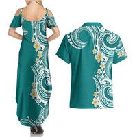 Aloha Polynesian Plumeria Flower Couples Matching Summer Maxi Dress and Hawaiian Shirt Teal Color