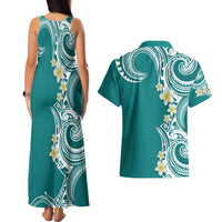 Aloha Polynesian Plumeria Flower Couples Matching Tank Maxi Dress and Hawaiian Shirt Teal Color