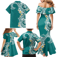 Aloha Polynesian Plumeria Flower Family Matching Mermaid Dress and Hawaiian Shirt Teal Color