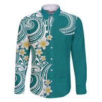Aloha Polynesian Plumeria Flower Family Matching Off The Shoulder Long Sleeve Dress and Hawaiian Shirt Teal Color LT03 Dad's Shirt - Long Sleeve Teal - Polynesian Pride