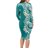 Aloha Polynesian Plumeria Flower Long Sleeve Bodycon Dress Teal Color LT03 - Polynesian Pride