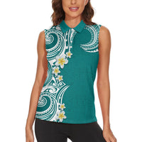 Aloha Polynesian Plumeria Flower Women Sleeveless Polo Shirt Teal Color
