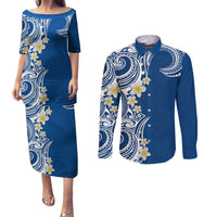 Aloha Polynesian Plumeria Flower Couples Matching Puletasi and Long Sleeve Button Shirt Blue Color LT03 Blue - Polynesian Pride