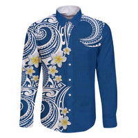 Aloha Polynesian Plumeria Flower Family Matching Summer Maxi Dress and Hawaiian Shirt Blue Color LT03 Dad's Shirt - Long Sleeve Blue - Polynesian Pride