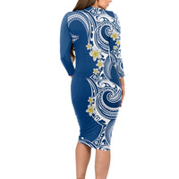 Aloha Polynesian Plumeria Flower Long Sleeve Bodycon Dress Blue Color
