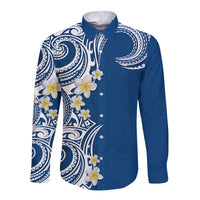 Aloha Polynesian Plumeria Flower Long Sleeve Button Shirt Blue Color