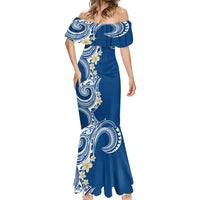 Aloha Polynesian Plumeria Flower Mermaid Dress Blue Color