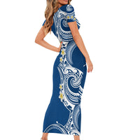 Aloha Polynesian Plumeria Flower Short Sleeve Bodycon Dress Blue Color LT03 - Polynesian Pride