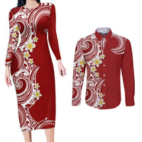 Aloha Polynesian Plumeria Flower Couples Matching Long Sleeve Bodycon Dress and Long Sleeve Button Shirt Red Color LT03 Red - Polynesian Pride