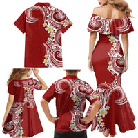 Aloha Polynesian Plumeria Flower Family Matching Mermaid Dress and Hawaiian Shirt Red Color
