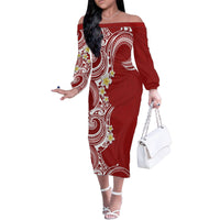 Aloha Polynesian Plumeria Flower Family Matching Off The Shoulder Long Sleeve Dress and Hawaiian Shirt Red Color LT03 Mom's Dress Red - Polynesian Pride