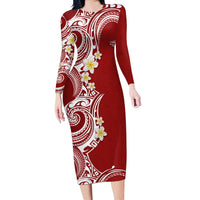 Aloha Polynesian Plumeria Flower Long Sleeve Bodycon Dress Red Color LT03 Long Dress Red - Polynesian Pride