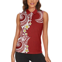 Aloha Polynesian Plumeria Flower Women Sleeveless Polo Shirt Red Color