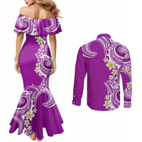 Aloha Polynesian Plumeria Flower Couples Matching Mermaid Dress and Long Sleeve Button Shirt Purple Color