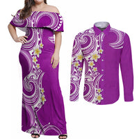 Aloha Polynesian Plumeria Flower Couples Matching Off Shoulder Maxi Dress and Long Sleeve Button Shirt Purple Color LT03 Purple - Polynesian Pride