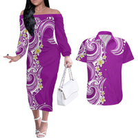 Aloha Polynesian Plumeria Flower Couples Matching Off The Shoulder Long Sleeve Dress and Hawaiian Shirt Purple Color