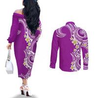 Aloha Polynesian Plumeria Flower Couples Matching Off The Shoulder Long Sleeve Dress and Long Sleeve Button Shirt Purple Color