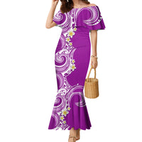 Aloha Polynesian Plumeria Flower Family Matching Mermaid Dress and Hawaiian Shirt Purple Color