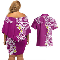 Aloha Polynesian Plumeria Flower Couples Matching Off Shoulder Short Dress and Hawaiian Shirt Pink Color