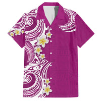 Aloha Polynesian Plumeria Flower Family Matching Off Shoulder Maxi Dress and Hawaiian Shirt Pink Color