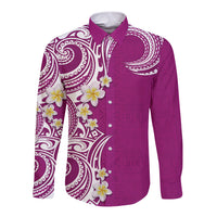 Aloha Polynesian Plumeria Flower Long Sleeve Button Shirt Pink Color