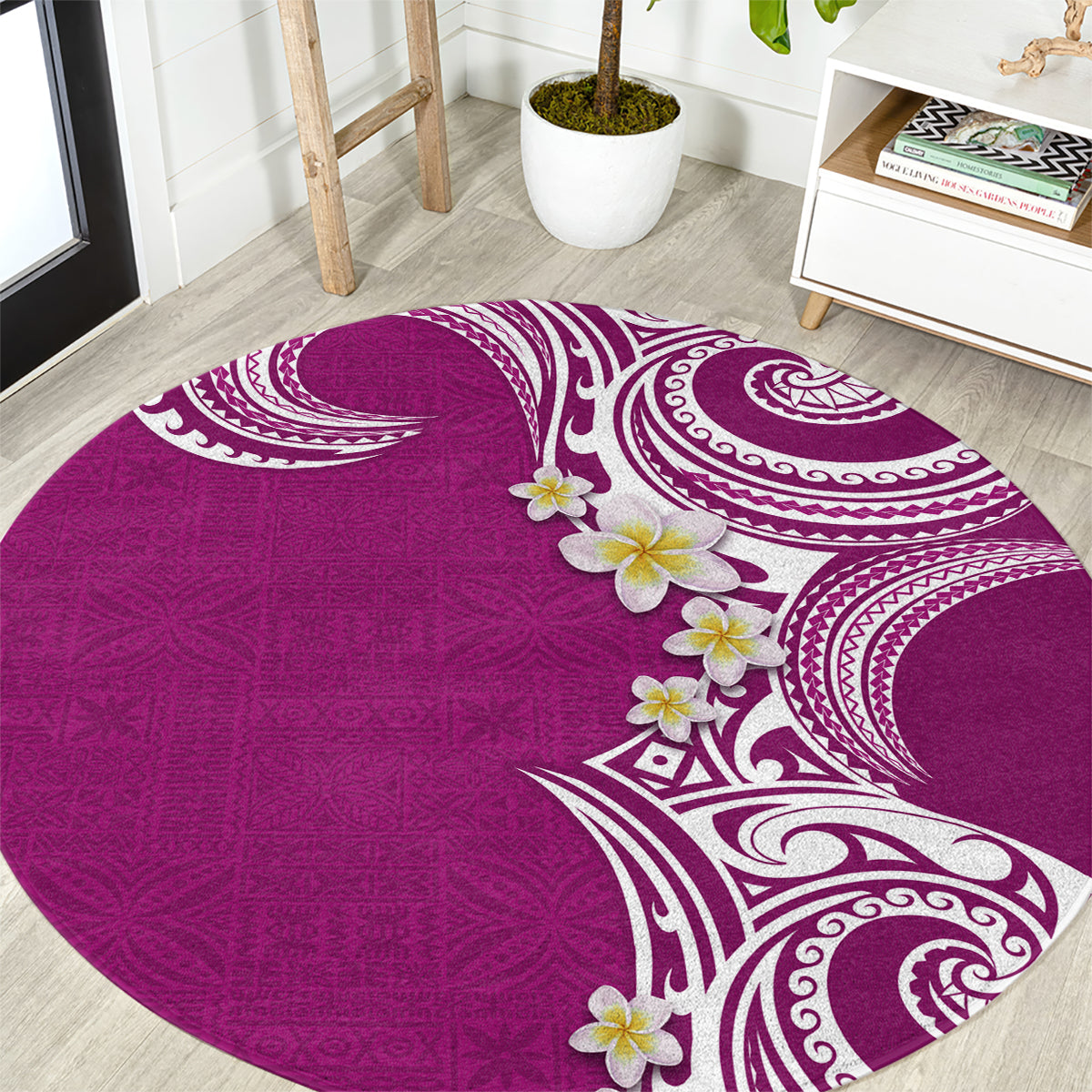 Aloha Polynesian Plumeria Flower Round Carpet Pink Color