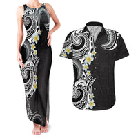 Aloha Polynesian Plumeria Flower Couples Matching Tank Maxi Dress and Hawaiian Shirt Black White Color LT03 Black - Polynesian Pride