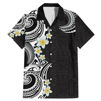 Aloha Polynesian Plumeria Flower Family Matching Mermaid Dress and Hawaiian Shirt Black White Color