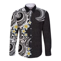 Aloha Polynesian Plumeria Flower Long Sleeve Button Shirt Black White Color