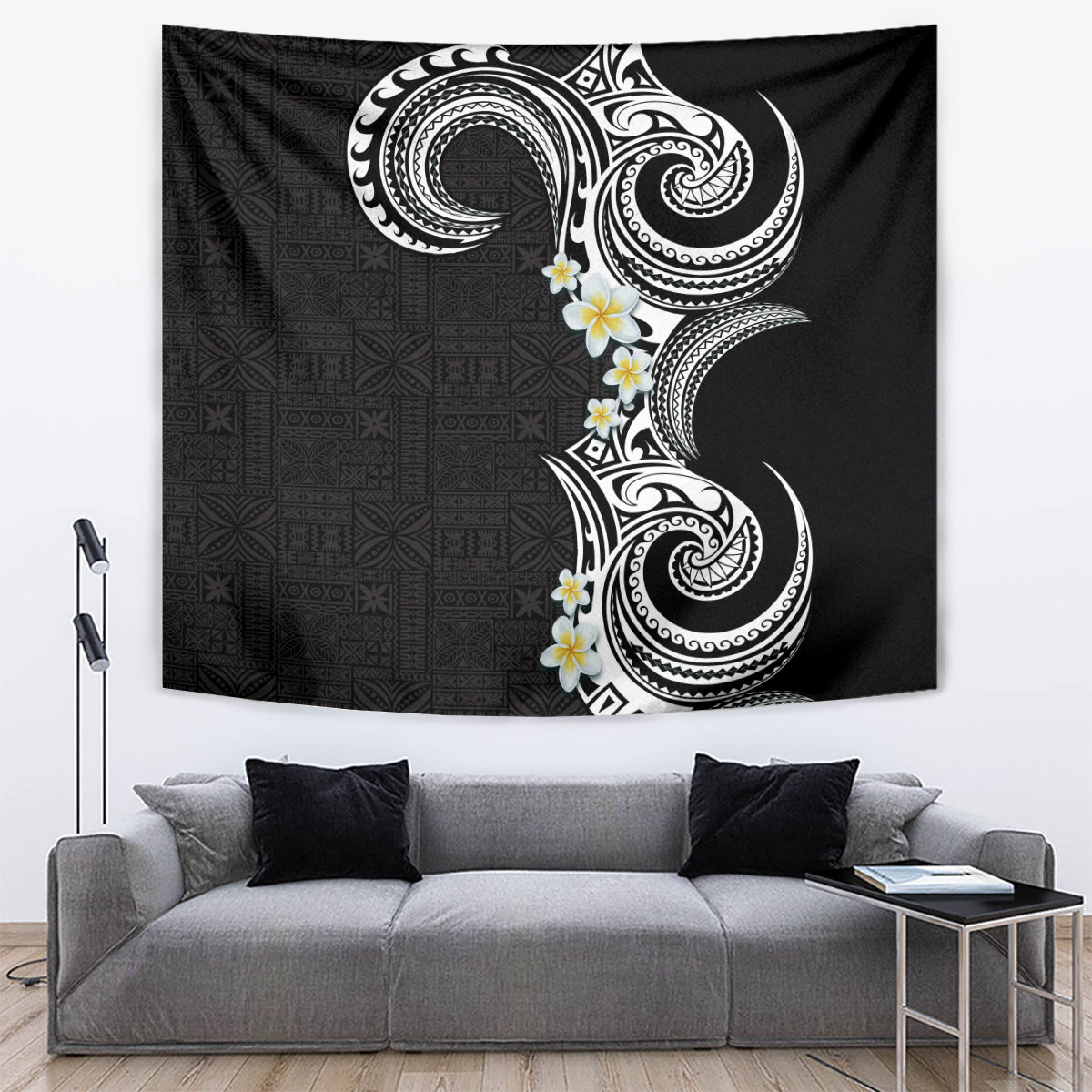 Aloha Polynesian Plumeria Flower Tapestry Black White Color