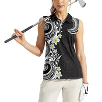 Aloha Polynesian Plumeria Flower Women Sleeveless Polo Shirt Black White Color