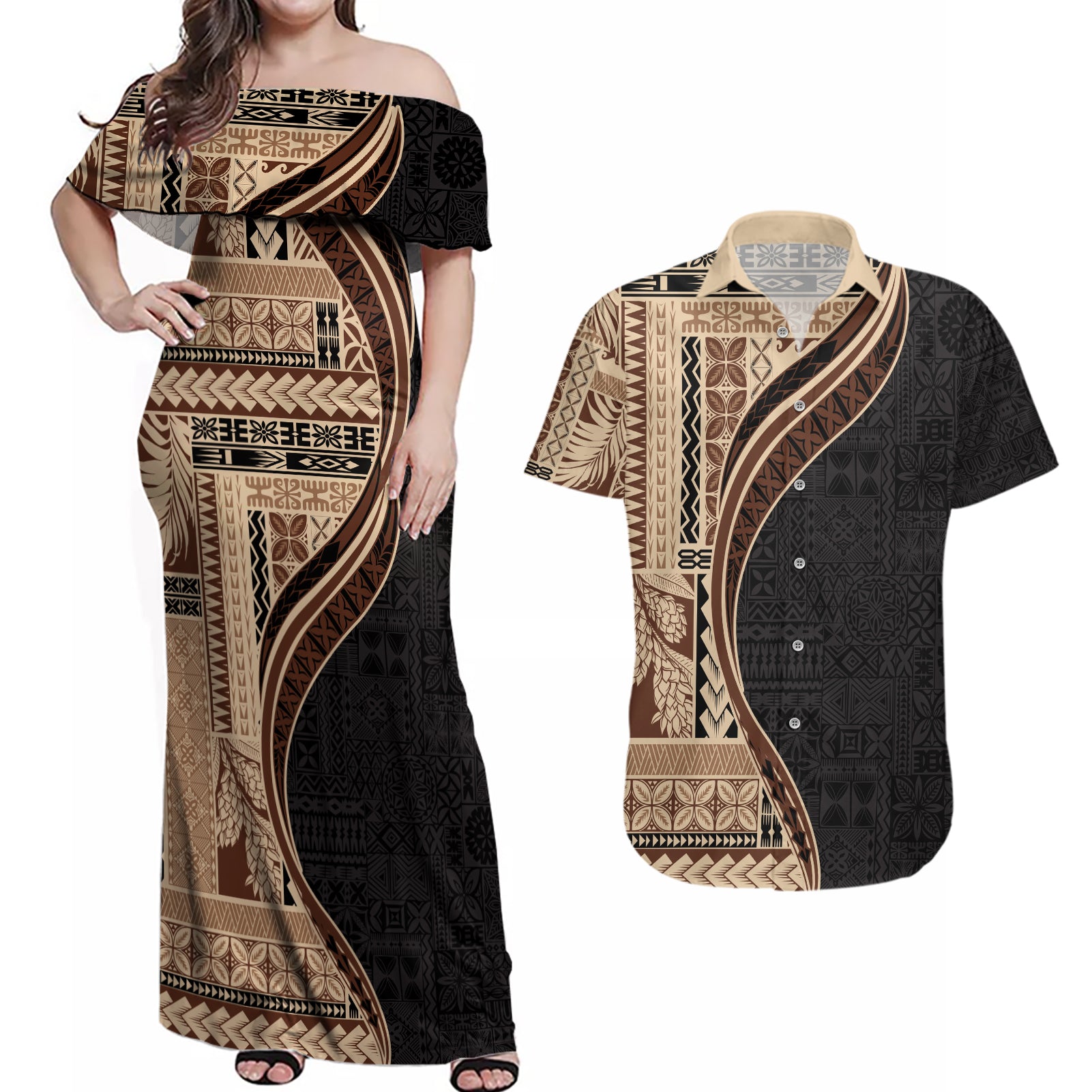 Samoa Siapo Motif and Tapa Pattern Half Style Couples Matching Off Shoulder Maxi Dress and Hawaiian Shirt Beige Color